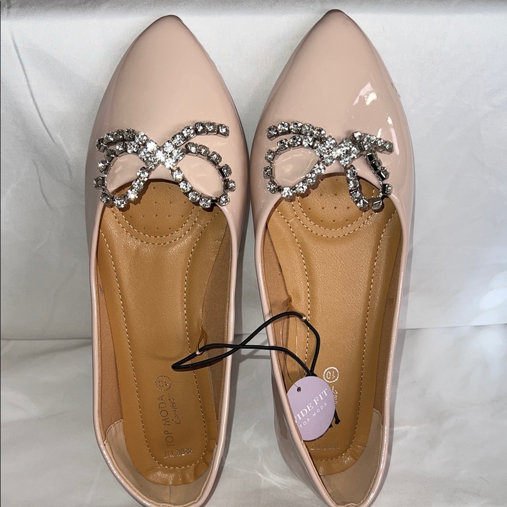 TOP Moda Nude Rhinestone Bow Flats